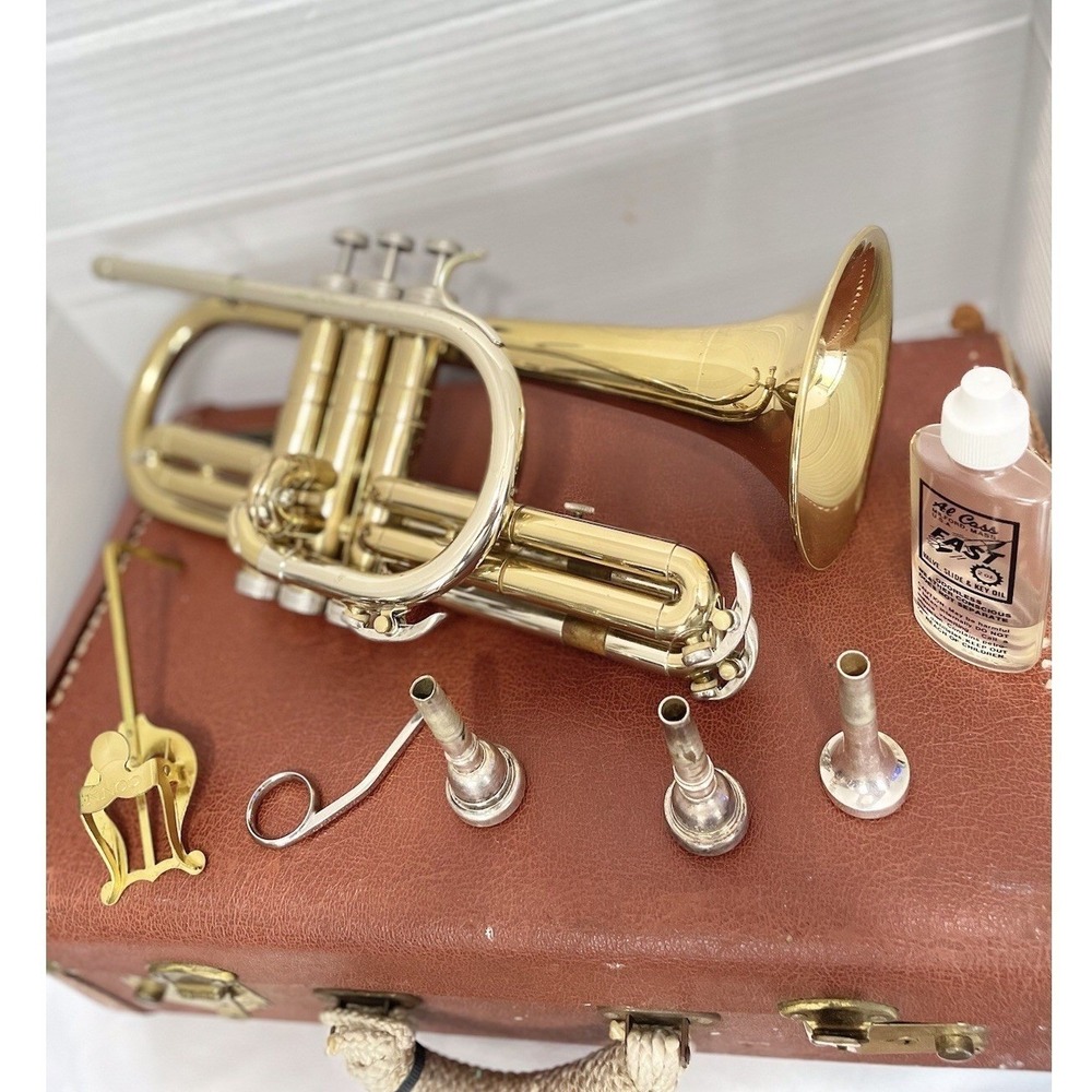 Conn Connquest Cornet Horn Brass Gold Good Vintage USA H37459 Nickel‎ Trim